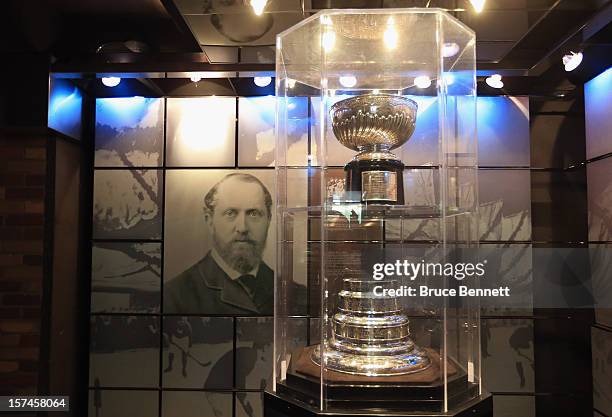 The original Stanley Cup along with a portrait of Lord Stanley of Preston resides in a vault beside the Great Hall prior to the HHoF induction press...