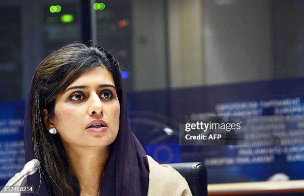 Pakistani Foreign Minister Hina Rabbani Khar addresses on December 3, 2012 the Foreign Affairs Commission of the European Parliament at the EU...