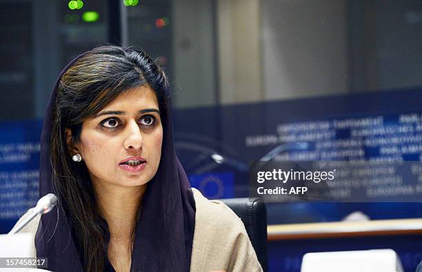 Pakistani Foreign Minister Hina Rabbani Khar addresses on December 3, 2012 the Foreign Affairs Commission of the European Parliament at the EU...