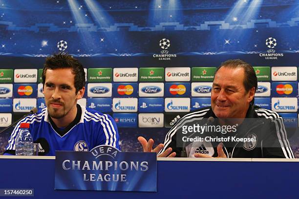 Christian Fuchs and head coach Huub Stevens attend the press conference of FC Schalke 04 at training ground of Montpellier ahead of the UEFA...
