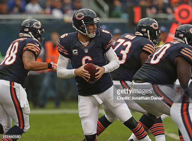 Jay Cutler of the Chicago Bears drops back to pass against the Seattle Seahawks at Soldier Field on December 2, 2012 in Chicago, Illinois. The...