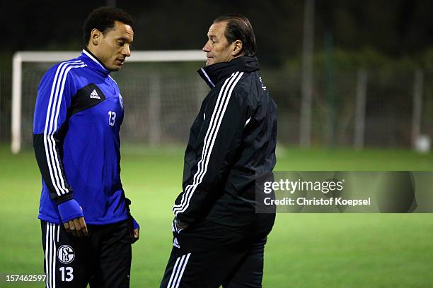 Jermaine Jones and heasd coach Huub Stevens talk during the training session of FC Schalke 04 at training ground of Montpellier ahead of the UEFA...