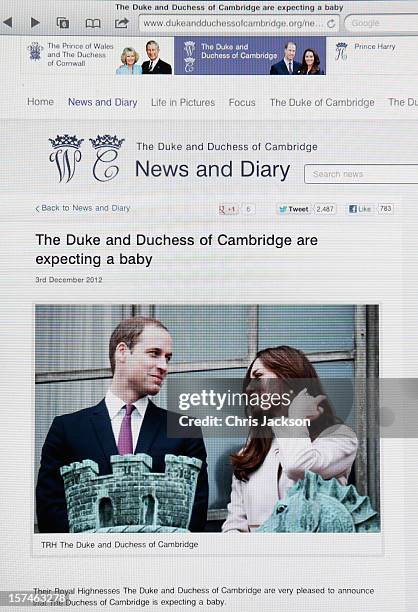 View of the Duke and Duchess of Cambridge's Official website as the couple announce the pregnancy of the Duchess of Cambridge on December 3, 2012 in...