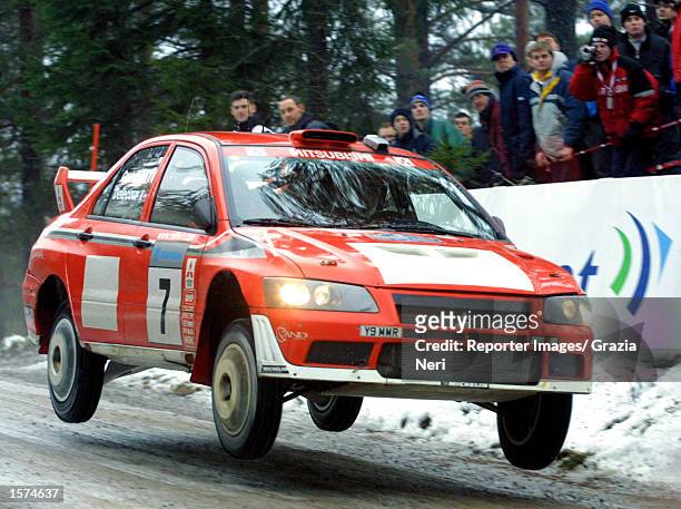 Francois Delecour of France driving his Mitsubishi Lancer EVO during the Swedish Rally, a leg of the World Rally Championship in Sweden. DIGITAL...