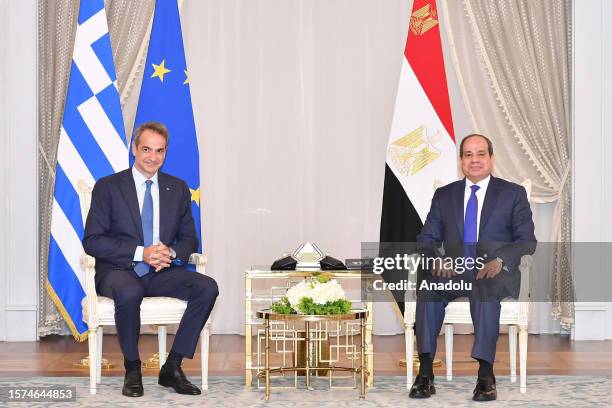 Egyptian President Abdel Fattah Al-Sisi meets Greek Prime Minister Kyriakos Mitsotakis in El Alamein, Egypt on August 03, 2023.