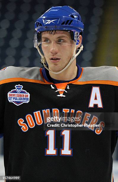 Casey Cizikas of the Bridgeport Sound Tigers looks on during an American Hockey League game against the Norfolk Admirals on December 2, 2012 at the...