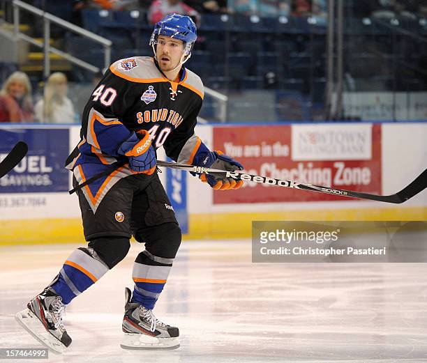 Mike Halmo of the Bridgeport Sound Tigers skates during an American Hockey League game against the Norfolk Admirals on December 2, 2012 at the...
