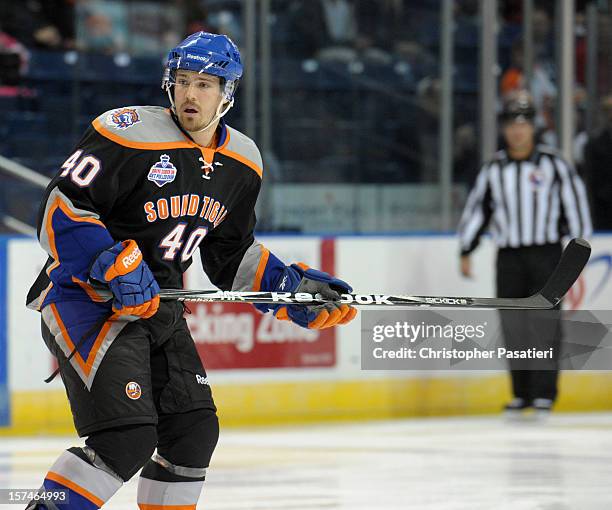 Mike Halmo of the Bridgeport Sound Tigers skates during an American Hockey League game against the Norfolk Admirals on December 2, 2012 at the...