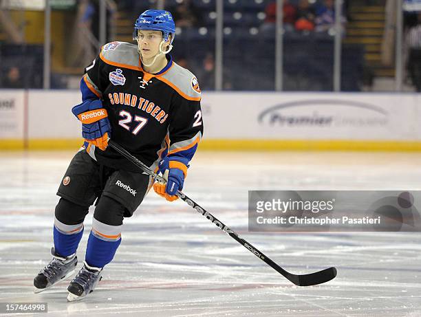 Aaron Ness of the Bridgeport Sound Tigers skates during an American Hockey League game against the Norfolk Admirals on December 2, 2012 at the...