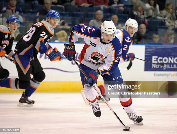 Peter Holland of the Norfolk Admirals controls the puck during an American Hockey League game against the Bridgeport Sound Tigers on December 2, 2012...