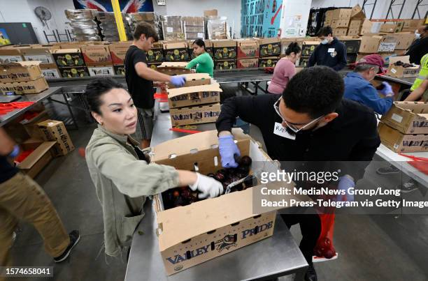 Los Angeles, CA Volunteers from Cushman & Wakefield sort through plums at the LA Regional Food Bank's food distribution center in Los Angeles on...