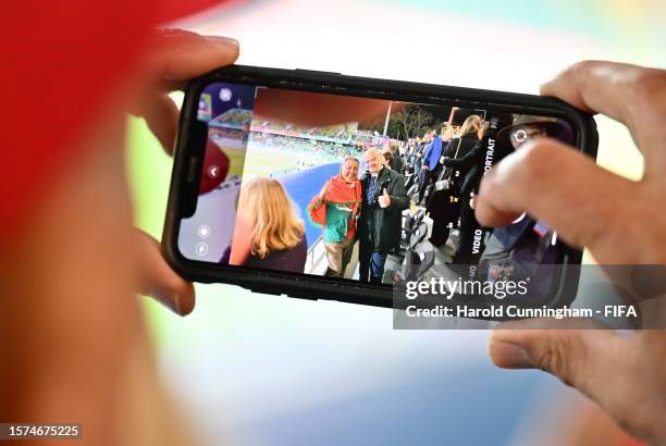 View of FIFA President Gianni Infantino through a Phone after the FIFA Women's World Cup Australia & New Zealand 2023 Group H match between Morocco...