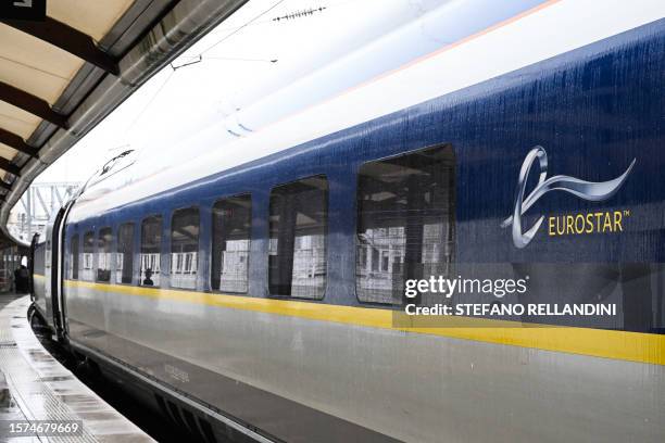 This photograph taken on August 3 shows a view of a Eurostar train with the logo on a waggon, during a visit of the French Junior Minister for...