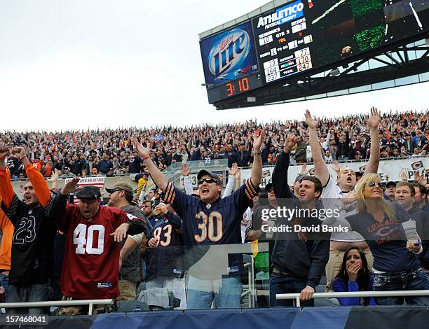 Chicago Bears fans cheer on their team against the Seattle Seahawks on December 2, 2012 at Soldier Field in Chicago, Illinois.The Seattle Seahawks...