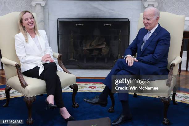 President Joe Biden meets with Italian Prime Minister Giorgia Meloni in the Oval Office of the White House July 27, 2023 in Washington, DC. Biden and...