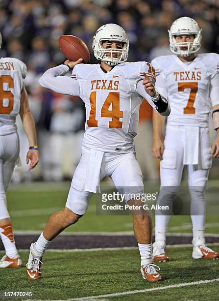 Quarterback David Ash of the Texas Longhorns warms up before a game against the Kansas State Wildcats on December 1, 2012 at Bill Snyder Family...