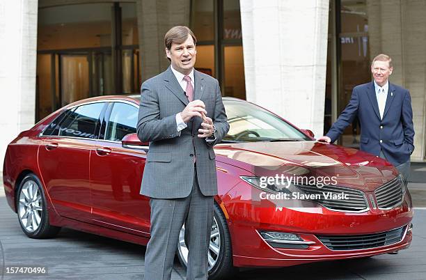 Global Head of Lincoln Motor Company Jim Farley and President and CEO of Ford Motor Company Alan Mulally attend Ford Lincoln unveiling the new brand...