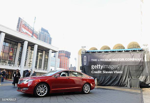 The new Lincoln Motor Company MKZ sedan is seen at a media launch in front of Avery Fisher Hall, Lincoln Center Plaza on December 3, 2012 in New York...