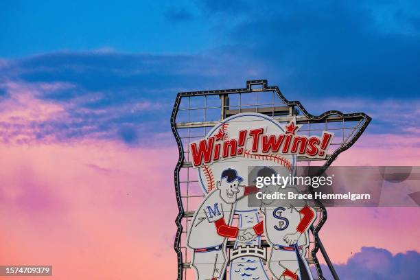 General view of the Minnesota Twins celebration sign during a game against the Chicago White Sox on July 21, 2023 at Target Field in Minneapolis,...