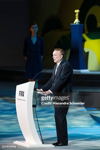 Jose Maria Marin, President of CBF, talks during the Draw for the FIFA Confederations Cup 2013 at Anhembi Convention Center on December 01, 2012 in...