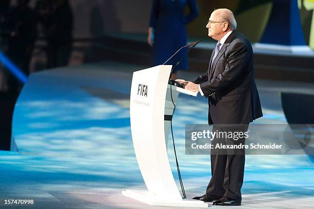 Joseph Blatter, President of FIFA talks during the Draw for the FIFA Confederations Cup 2013 at Anhembi Convention Center on December 01, 2012 in Sao...