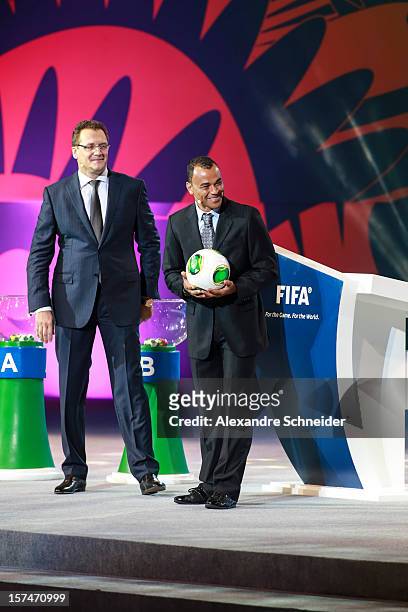 Cafu, Brazilian soccer player and Jerome Valcke present the ball “Cafusa” during the Draw for the FIFA Confederations Cup 2013 at Anhembi Convention...