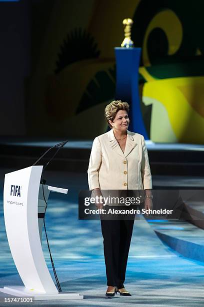 Dilma Rousseff, President of Brazil, smiles during the Draw for the FIFA Confederations Cup 2013 at Anhembi Convention Center on December 01, 2012 in...