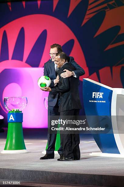 Cafu, Brazilian soccer player and Jerome Valcke present the ball “Cafusa” during the Draw for the FIFA Confederations Cup 2013 at Anhembi Convention...