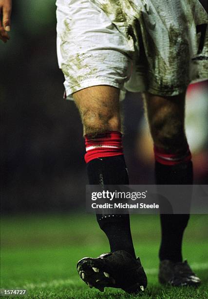 David Beckham of Manchester United showcases his new Adidas boots during the FA Barclaycard Premiership match against Sunderland played at Old...