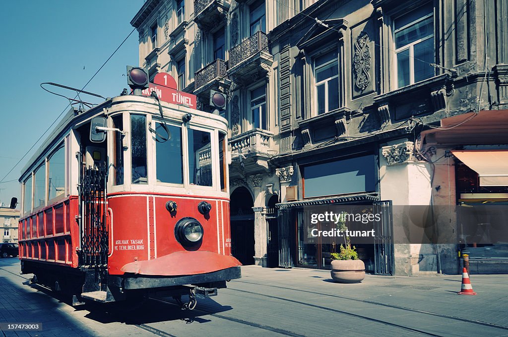 Cable car in street of Istiklal, Beyoglu, Istanbul, Turkey