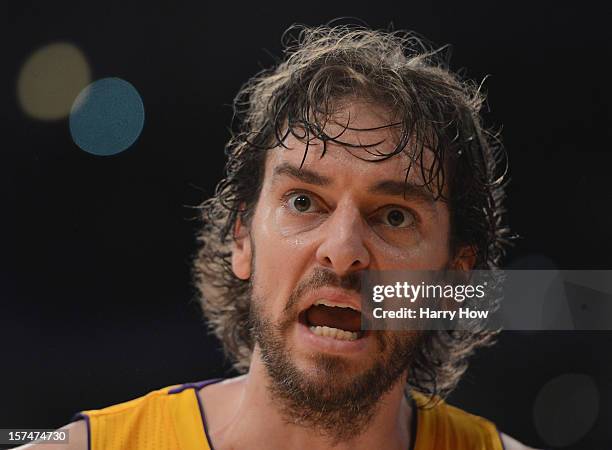 Pau Gasol of the Los Angeles Lakers reacts to a call by the officials during a 79-77 loss to the Indiana Pacers at Staples Center on November 27,...