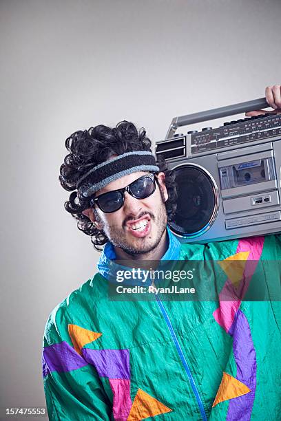 mullet man with 1980's-1990's fashion style - ghetto blaster stock pictures, royalty-free photos & images