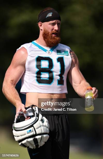 Hayden Hurst of the Carolina Panthers attends Carolina Panthers Training Camp at Wofford College on July 27, 2023 in Spartanburg, South Carolina.