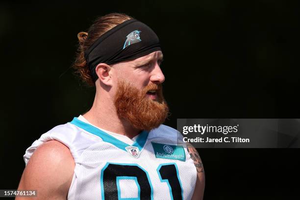 Hayden Hurst of the Carolina Panthers attends Carolina Panthers Training Camp at Wofford College on July 27, 2023 in Spartanburg, South Carolina.