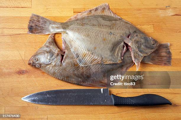 raw flounders and knife on pine chopping block - seafood platter stockfoto's en -beelden