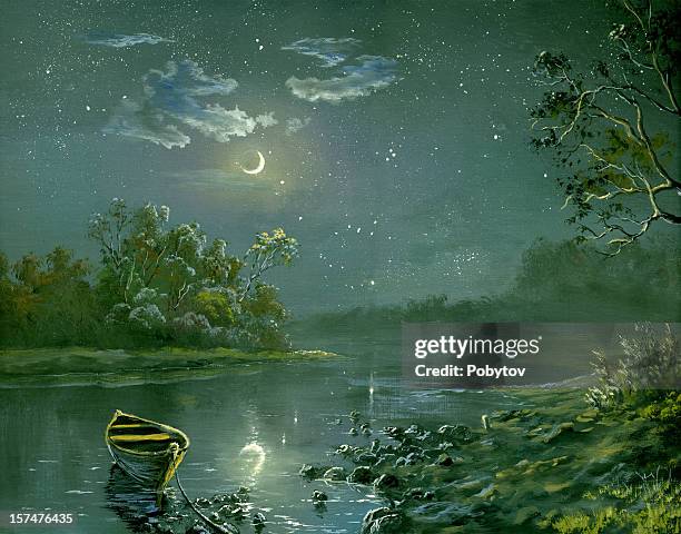 night on the river - heaven painting stock illustrations