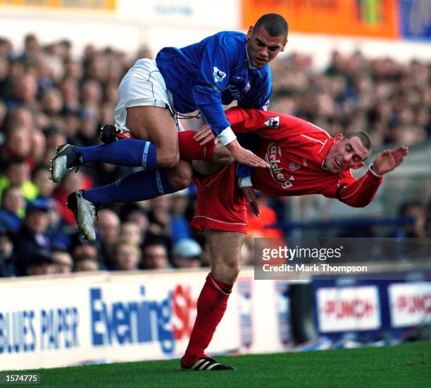 Jermaine Wright of Ipswich challenges Stephen Wright of Liverpool during the FA Barclaycard Premiership match between Ipswich Town and Liverpool at...