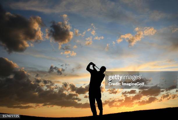 senior golfer silhouette - golf swing sunset stock pictures, royalty-free photos & images