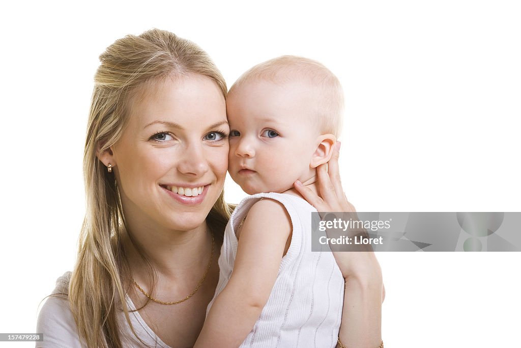 A mother holding her child isolated on white