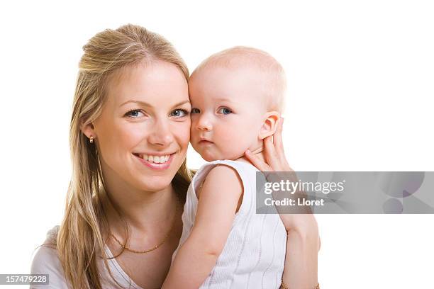 a mother holding her child isolated on white - beautiful blonde babes 個照片及圖片檔