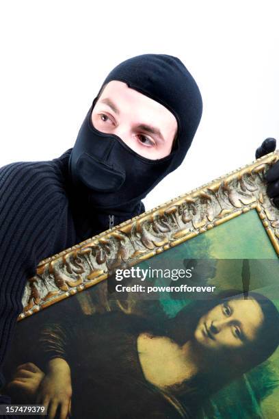 cat burgler stealing the mona lisa - fine art painting stock pictures, royalty-free photos & images