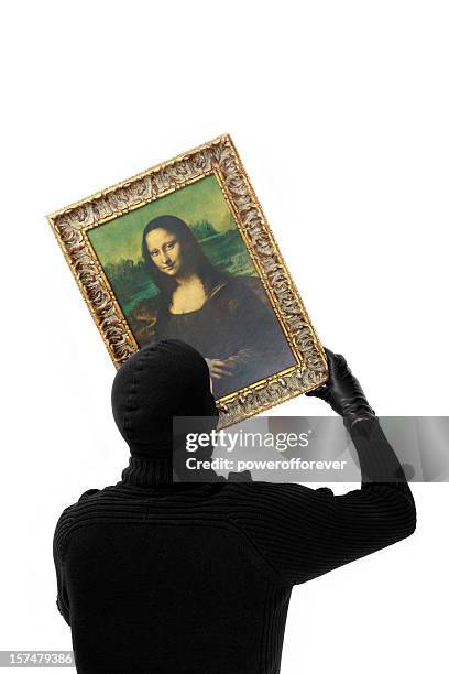cat burgler stealing the mona lisa - robbery stock pictures, royalty-free photos & images