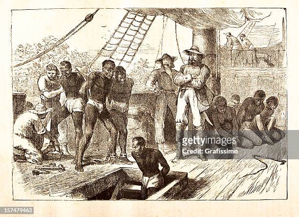 stockillustraties, clipart, cartoons en iconen met black slaves loaded on ship 1881 - slavernij