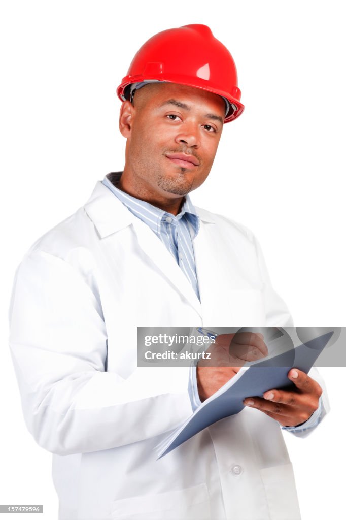 Black man red hard hat white lab coat writing isolated