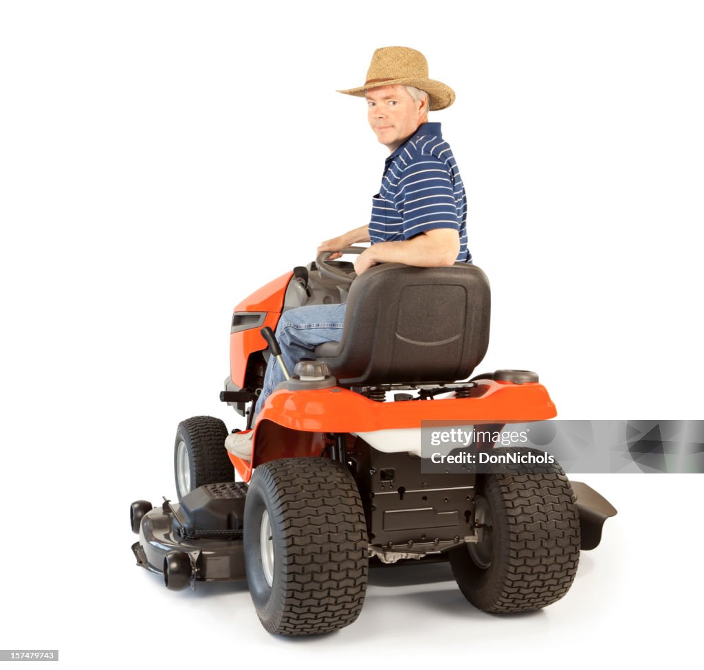 Rasenmäher Mann schaut zurück