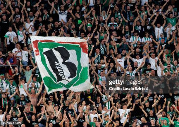 Ultra fans of Ferencvarosi TC show their support during the UEFA Europa Conference League second qualifying round first leg match between...