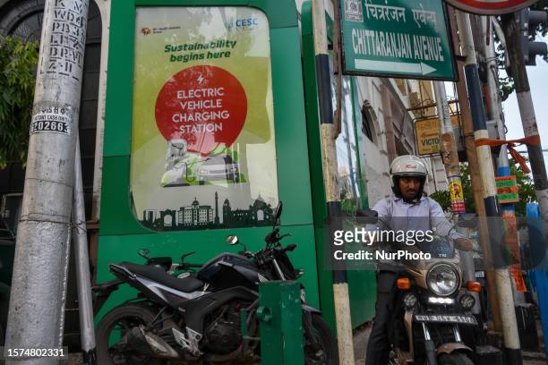 Electric vehicle charging station as seen in Kolkata , India , on 3 August 2023 .
