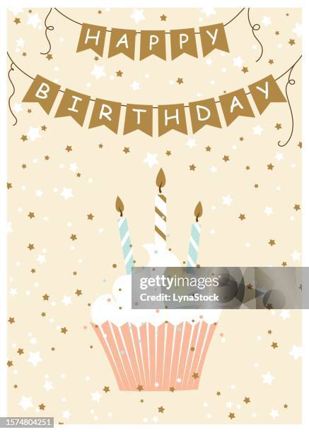 happy birthday greeting card. vector illustration of cupcake with candles. hand drawn style. - surprise birthday party stock illustrations