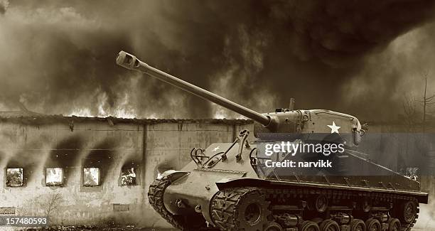 legendary m4 sherman tank in action - general sherman stock pictures, royalty-free photos & images