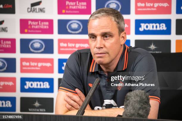 Michael Duff Manager of Swansea City talks to the press during the Swansea City AFC Press Conference at The Fairwood Training Ground on August 03,...